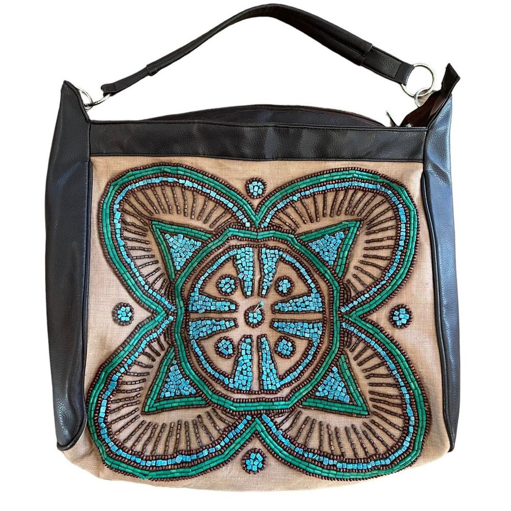 Chicos Large Artsy Turquoise Beaded Shoulder Bag